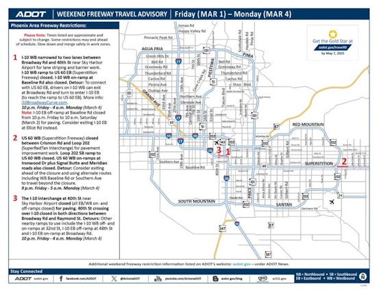 Weekend Traffic Alert, Closures on Westbound I-10 and US 60 for Improvement Projects in Arizona
