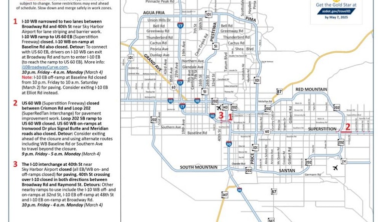 Weekend Traffic Alert, Closures on Westbound I-10 and US 60 for Improvement Projects in Arizona