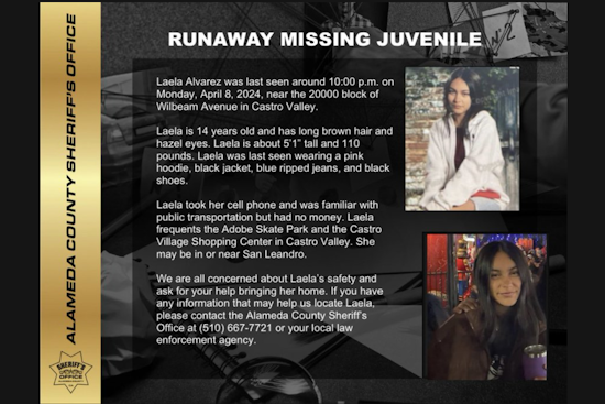 Alameda County Sheriff's Office Seeks Public Help in Finding Missing 14-Year-Old Laela Alvarez from Castro Valley