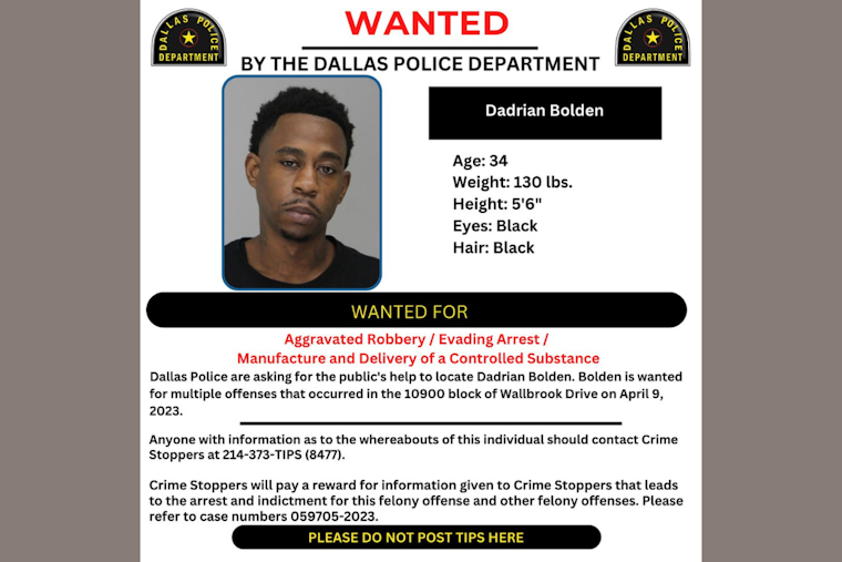 Dallas Police Seek Public's Aid in City-Wide Search for Suspect Deadrian Bolden, Urge Non-Engagement