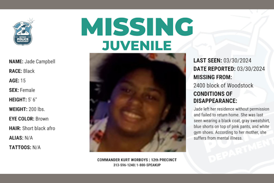 Detroit Police Seek Public Help in Search for Missing 15-Year-Old Jade Campbell