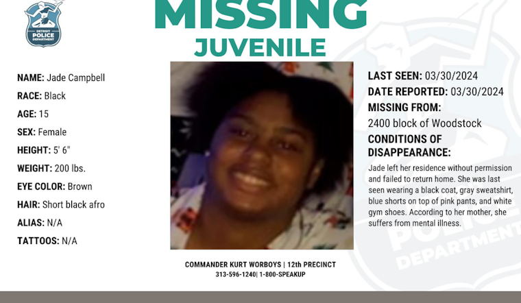 Detroit Police Seek Public Help in Search for Missing 15-Year-Old Jade Campbell