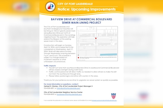 Fort Lauderdale Announces Nightly Traffic Pattern Changes Amid Sewer System Upgrade on Bayview Drive