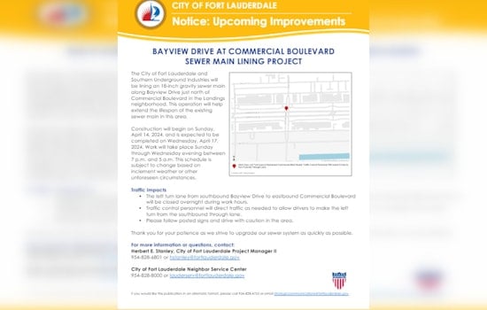 Fort Lauderdale Announces Nightly Traffic Pattern Changes Amid Sewer System Upgrade on Bayview Drive