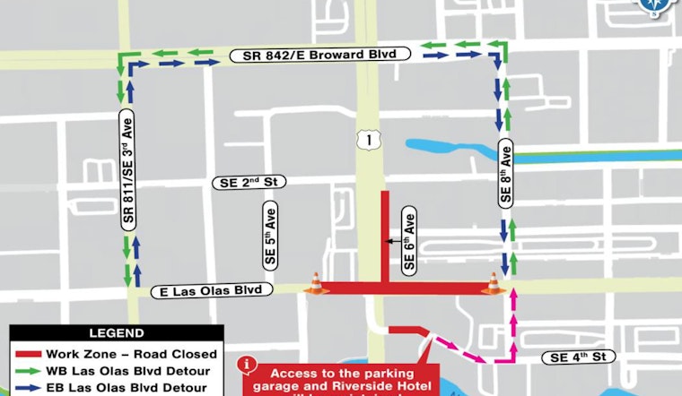 Fort Lauderdale's East Las Olas Boulevard to Close at Night for Road Work, Detours in Place Starting April 29
