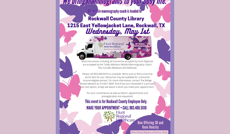 Hunt Regional Healthcare's Mobile Mammography Unit to Offer Screenings at Rockwall County Library