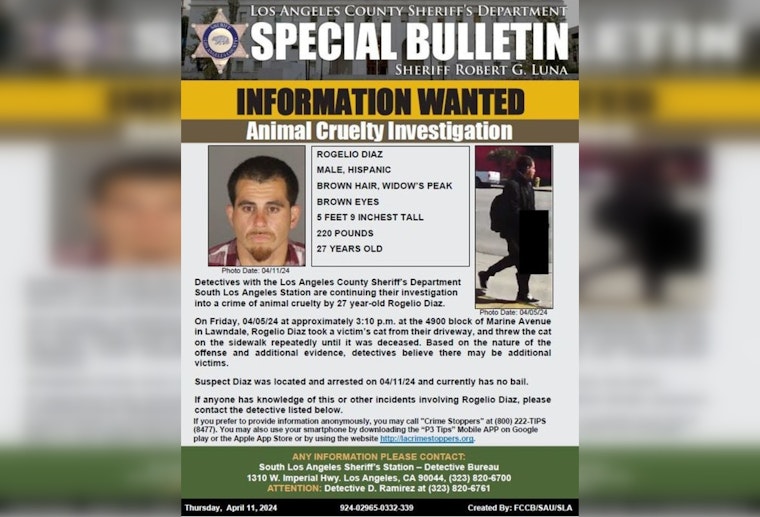 Los Angeles Man Accused of Fatally Abusing Cat, LASD Seeks Public's Help for Possible Additional Victims