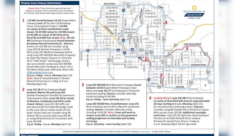 Weekend Freeway Closures in Phoenix Area for Improvement Projects, ADOT Advises Alternative Routes
