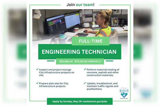 City of Mankato Seeks Engineering Technician for Public Works Projects, Offers Growth Opportunities