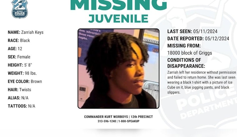 Detroit Police Seek Public's Aid in Locating Missing 12-Year-Old Zarriah Keys