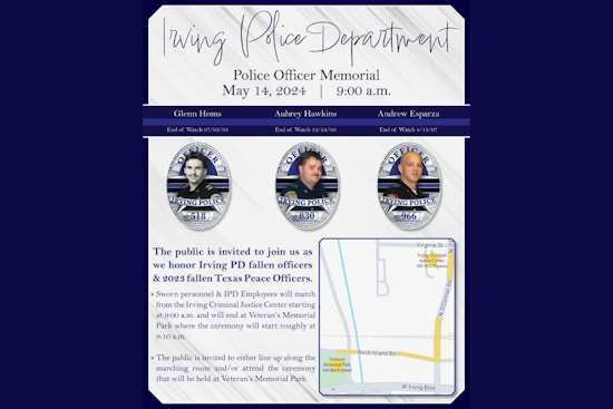 Irving Police Department Invites Public to Memorial Ceremony Honoring Fallen Texas Officers