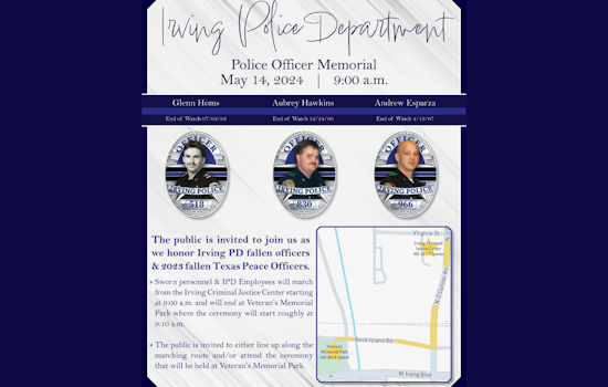 Irving Police Department Invites Public to Memorial Ceremony Honoring Fallen Texas Officers