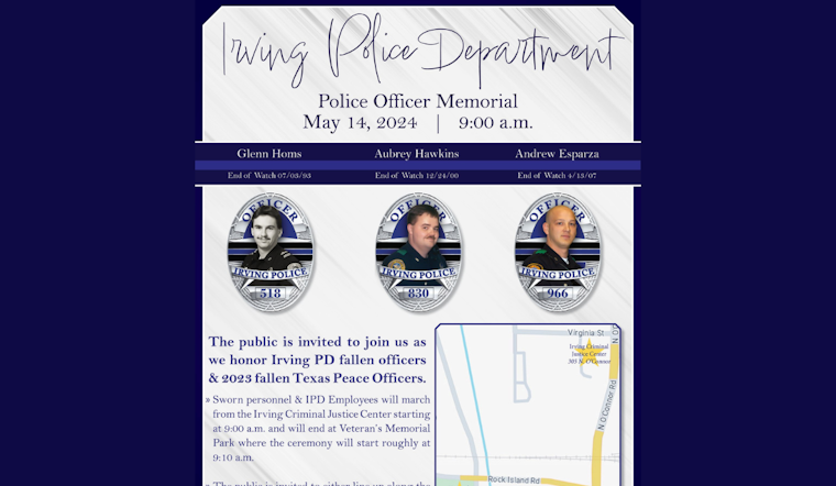 Irving Police Department Invites Public to Memorial Ceremony Honoring Fallen Texas Officers