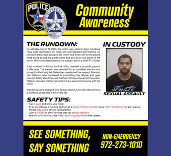 Irving Police Encourage Vigilance Among Residents with "See Something, Say Something" Advisory