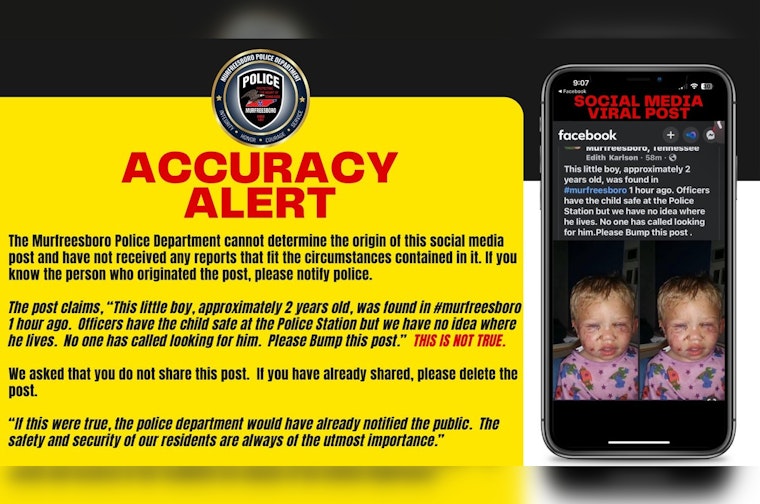 Murfreesboro Police Dispel Fears by Debunking False Social Media Post About Hurt Child