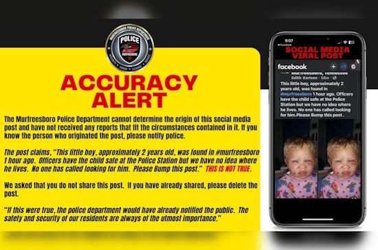Murfreesboro Police Dispel Fears by Debunking False Social Media Post About Hurt Child