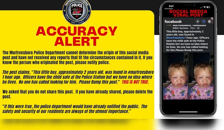 Murfreesboro Police Dispel Fears by Debunking False Social Media Post About Hurt Child