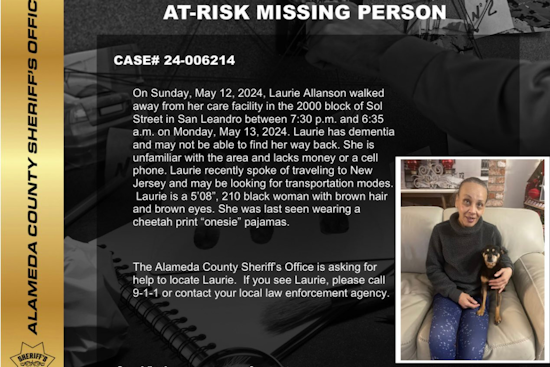 Urgent Search for Missing Dementia Patient Laurie Allanson in San Leandro, Public's Help Sought