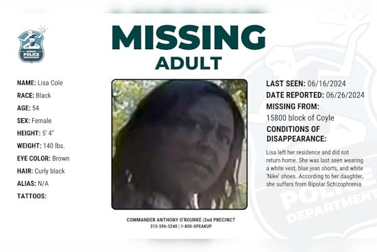 Detroit Police Seek Public's Help in Locating Missing 54-Year-Old Woman with Bipolar Schizophrenia
