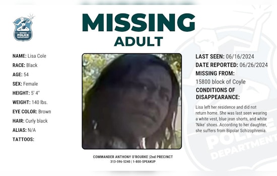 Detroit Police Seek Public's Help in Locating Missing 54-Year-Old Woman with Bipolar Schizophrenia