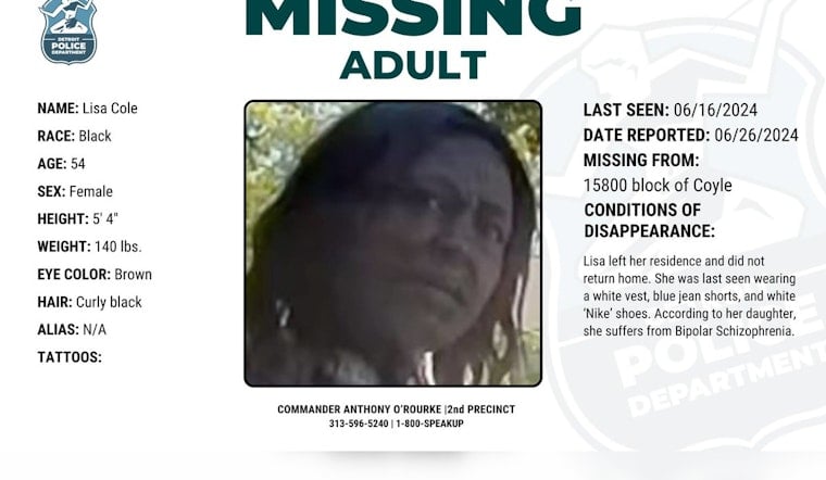 Detroit Police Seek Public's Help in Locating Missing 54-Year-Old Woman with Bipolar Schizophrenia