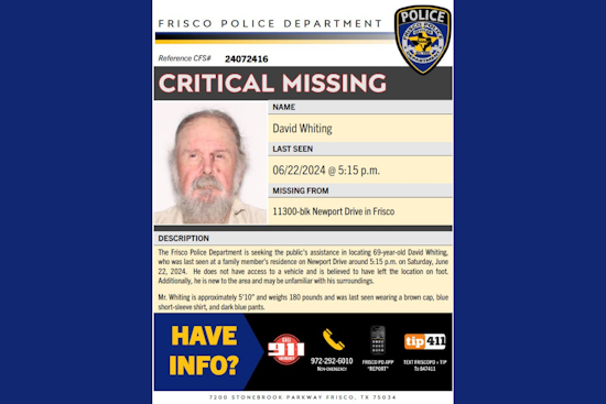Frisco Police Appeal to Public in Urgent Search for Missing 69-Year-Old Man, David Whiting