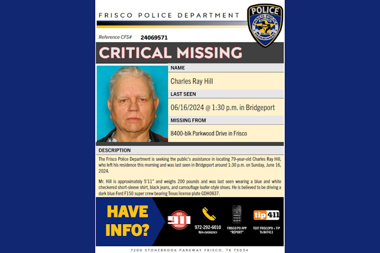 Frisco Police Issue Urgent Alert for Missing 79-Year-Old Charles Ray Hill Last Seen in Bridgeport