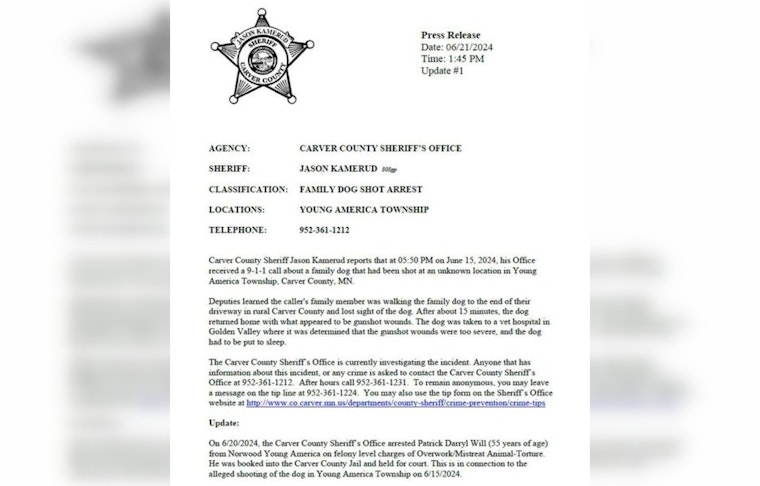 Local Man Charged with Felony Animal Torture in Carver County Following Fatal Shooting of Family Dog