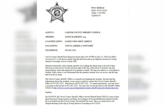 Local Man Charged with Felony Animal Torture in Carver County Following Fatal Shooting of Family Dog
