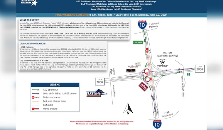 Major Interstate 10 and Loop 1604 Interchange Closures Announced in San Antonio for Expansion Project