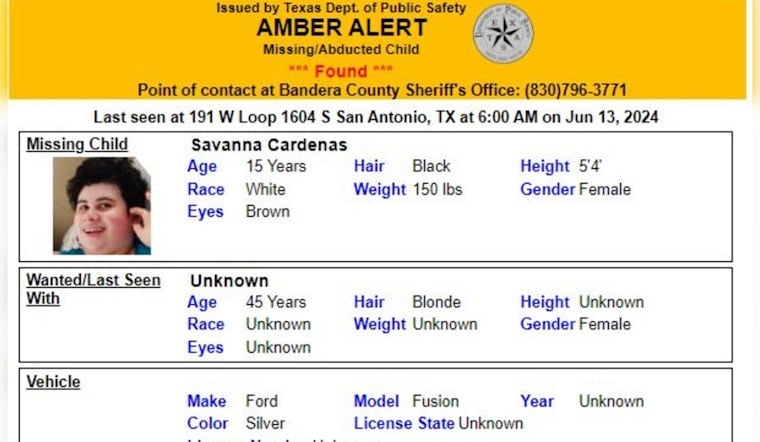 San Antonio Teen Savanna Cardenas Found Safe, Amber Alert Cancelled