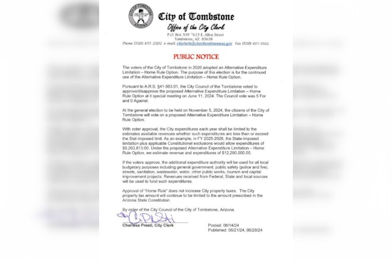 Tombstone City Council Votes for Budgetary Autonomy with "Home Rule Option"