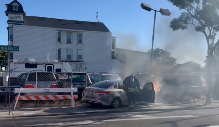 VIDEO: Alameda Firefighters Douse Flames After Collision on Park St and Buena Vista, Avert Greater Danger