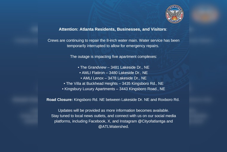 Atlanta Watershed Acts on Buckhead Water Main Break, Services Restored, Road Repairs Underway