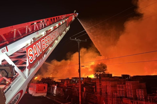 Firefighter Injured, Huge Pallet Yard Fire Contained with Aid from Multiple Agencies in San Bernardino County