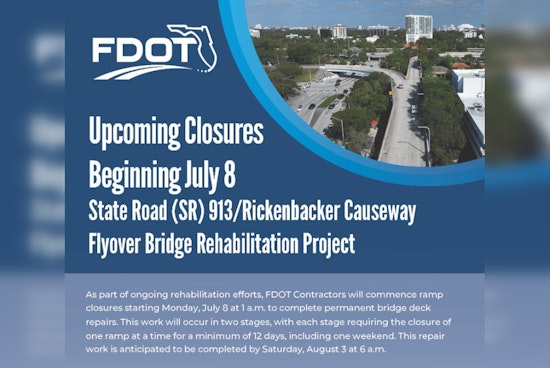 Flyover Bridge Rehab to Resume on Rickenbacker Causeway in Miami, Prompting Detours and Traffic Advisories