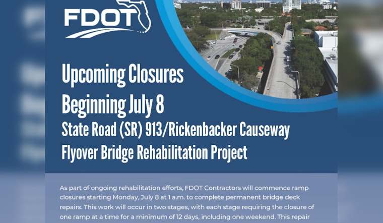 Flyover Bridge Rehab to Resume on Rickenbacker Causeway in Miami, Prompting Detours and Traffic Advisories