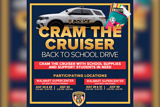 Kissimmee Police Partner with Local Walmarts for "Cram the Cruiser" School Supply Drive for Kids in Need