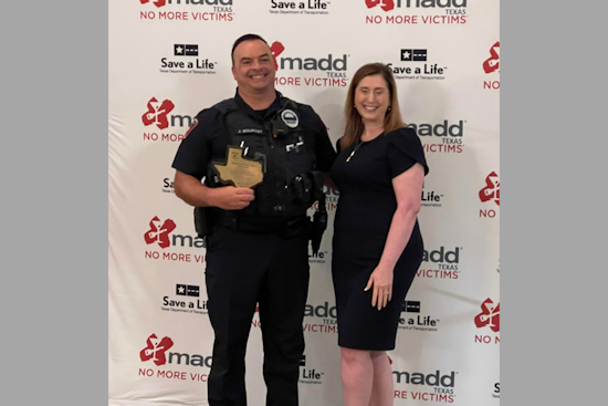 Mansfield Officer Bourget Honored with MADD Distinguished Enforcement Hero Award for Fourth Year Running