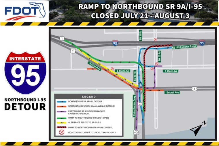 Miami-Dade Commuters Alert, Rickenbacker Causeway to I-95 Ramp Closure Begins Tonight for Rehabilitation Work