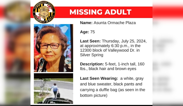 Montgomery County Police Seek Community Aid in Locating Missing 75-Year-Old Asunta Ormache Plaza