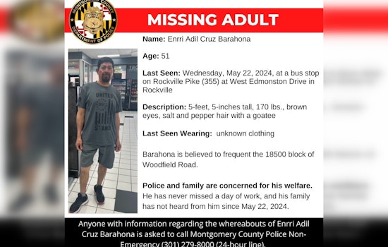 Montgomery County Police Seek Public's Help in Locating Missing 51-Year-Old Enrri Adil Cruz Barahona