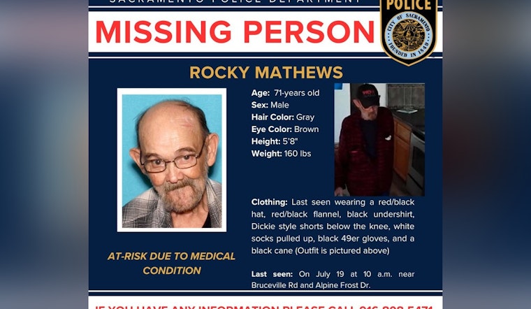 Sacramento Police Seek Help to Locate At-Risk Missing 71-Year-Old Man with Medical Conditions