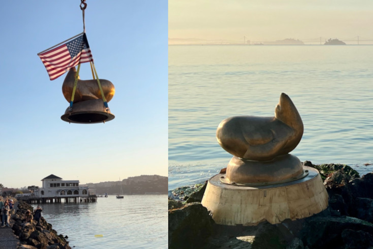 Sausalito's Beloved Bronze Sea Lion Sculpture Triumphantly Returns to Waterfront After Storm Recovery Efforts