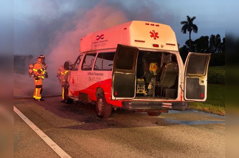 Transport Ambulance Engulfed in Flames on Dolphin Expressway, No Injuries Reported
