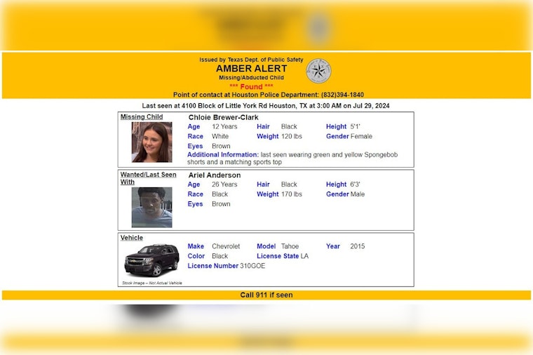 UPDATE: Missing Houston Girl Chloie Brewer-Clark Found Safe, Male Suspect Being Questioned by Houston Police
