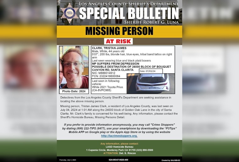 Urgent Search for At-Risk Individual Tristan James Clark in Santa Clarita, Los Angeles County Sheriff's Department Seeks Public's Aid