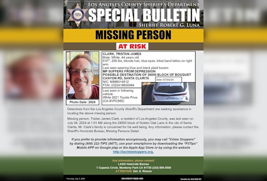 Urgent Search for At-Risk Individual Tristan James Clark in Santa Clarita, Los Angeles County Sheriff's Department Seeks Public's Aid