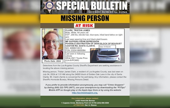 Urgent Search for At-Risk Individual Tristan James Clark in Santa Clarita, Los Angeles County Sheriff's Department Seeks Public's Aid