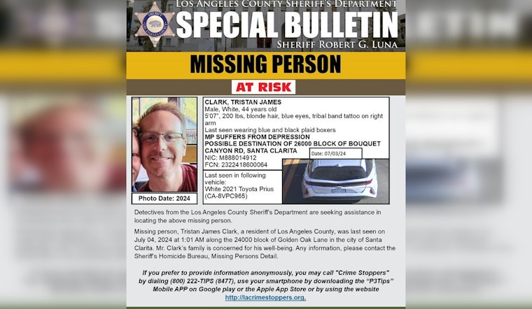 Urgent Search for At-Risk Individual Tristan James Clark in Santa Clarita, Los Angeles County Sheriff's Department Seeks Public's Aid